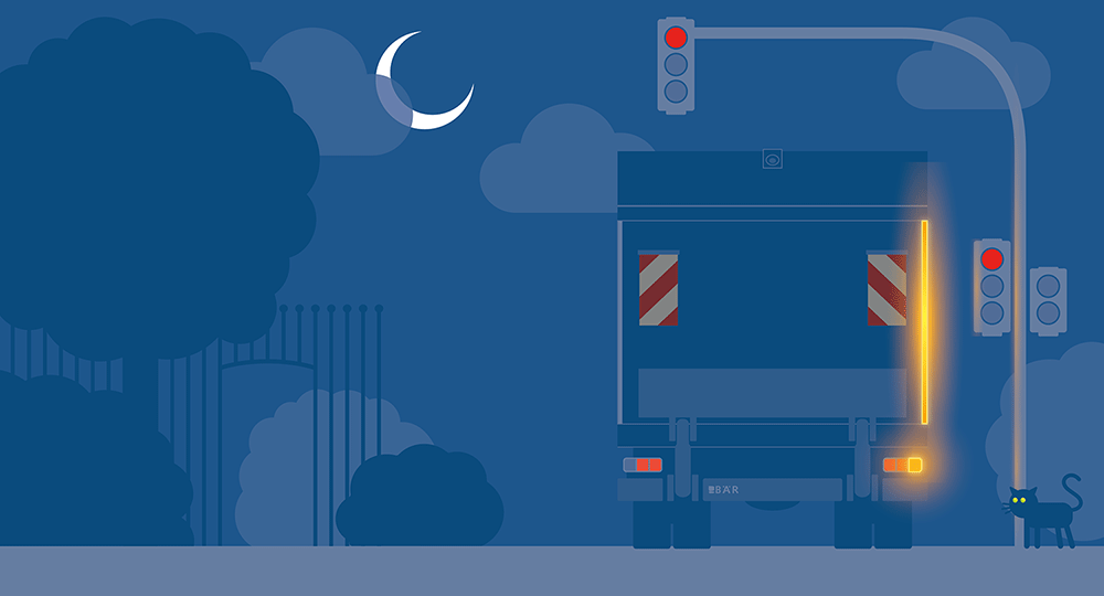 Zeichnung zeigt nach rechts blinkenden Lkw inklusive Plattform-Außenkante an roter Ampel bei Nacht