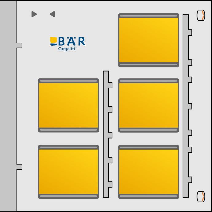 Draufsicht auf eine offene Bär Plattform mit 5 Rollcontainern in zwei Reihen