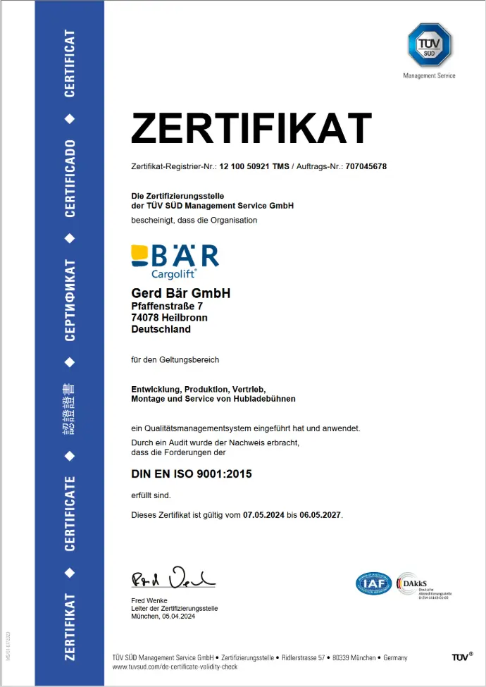 ISO 9001:2015-Zertifikat von Bär Cargolift