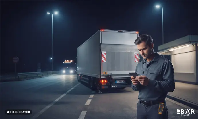 Ein an der Straße stehender Mann ruft nachts bei der Servicehotline an vor einem Lkw mit Bär Ladebordwand
