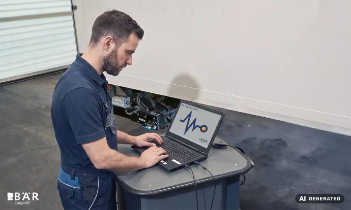 Ein Werkstattmitarbeiter ist per Laptop mit der Elektroniksteuerung der Bär Ladebordwand verbunden