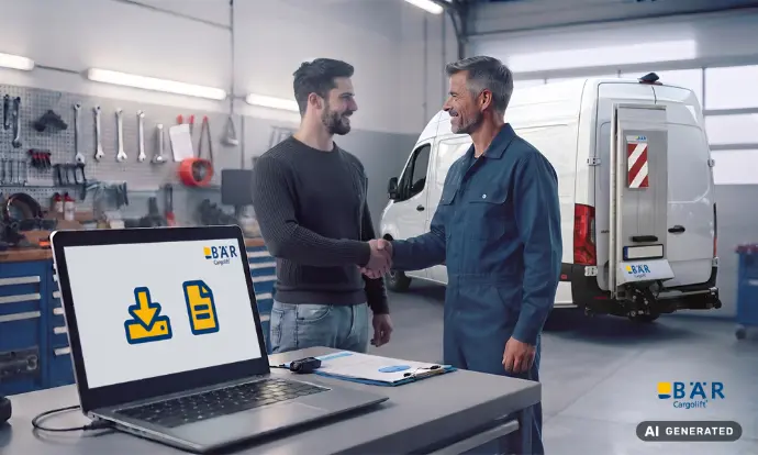 Zwei Männer schütteln sich in der Werkstatt vor einem Bär VanLift die Hände, am Laptop ist ein Dokumentendownload sichtbar