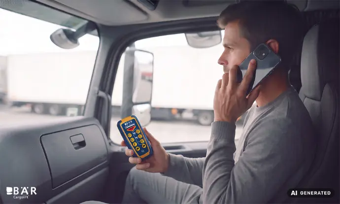 Beifahrer mit Telefon am Ohr hält eine Bär SmartControl Funkbedienung in der Hand