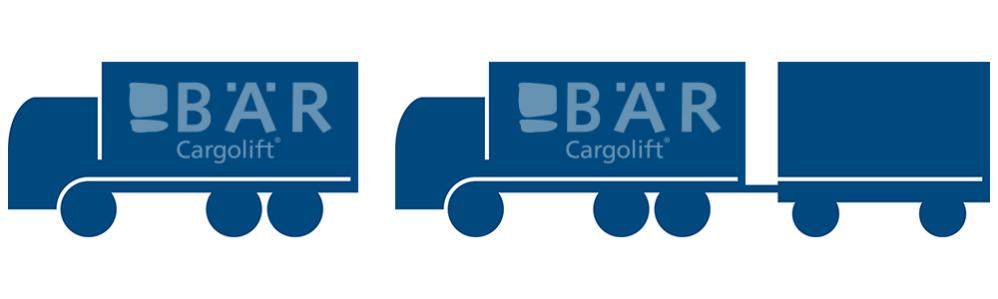 Blaues Piktogramm zeigt 3-Achs-Lkw sowie Gliederzug von der Seite mit Bär Cargolift Logo
