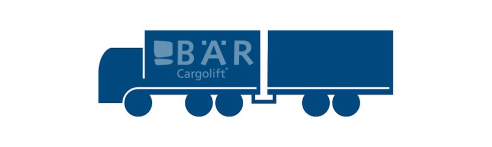 Blaues Piktogramm zeigt 3-Achs-Lkw mit Tiefkupplung von der Seite mit Bär Cargolift Logo