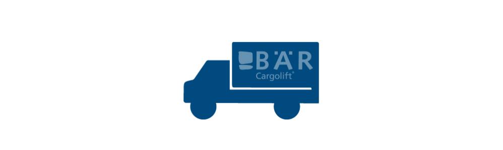 Blaues Piktogramm zeigt Transporter von der Seite mit Bär Cargolift Logo