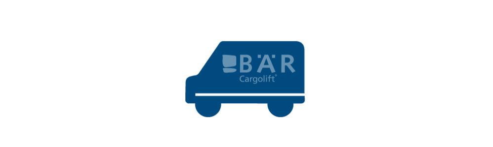Blaues Piktogramm zeigt Van von der Seite mit Bär Cargolift Logo