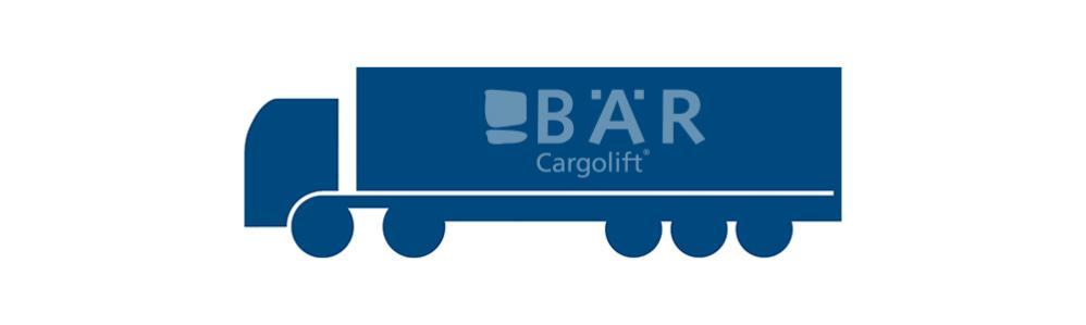 Blaues Piktogramm zeigt Sattelauflieger von der Seite mit Bär Cargolift Logo
