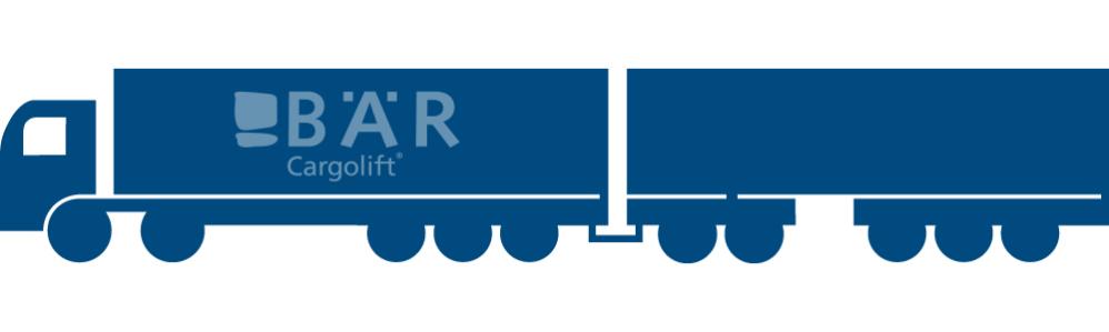 Blaues Piktogramm zeigt Trailer-Trailer-Kombination von der Seite mit Bär Cargolift Logo