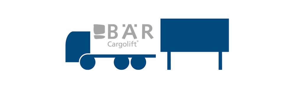 Blaues Piktogramm zeigt BDF-Wechselsystem von der Seite mit Bär Cargolift Logo
