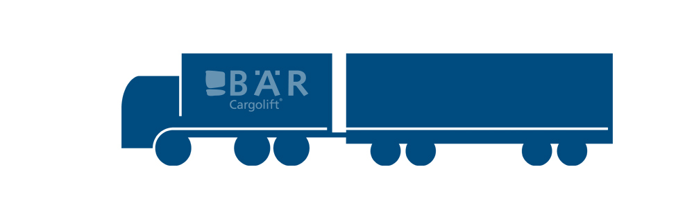 Blaues Piktogramm zeigt 3-Achs-Lkw mit 4-Achs-Anhänger von der Seite mit Bär Cargolift Logo